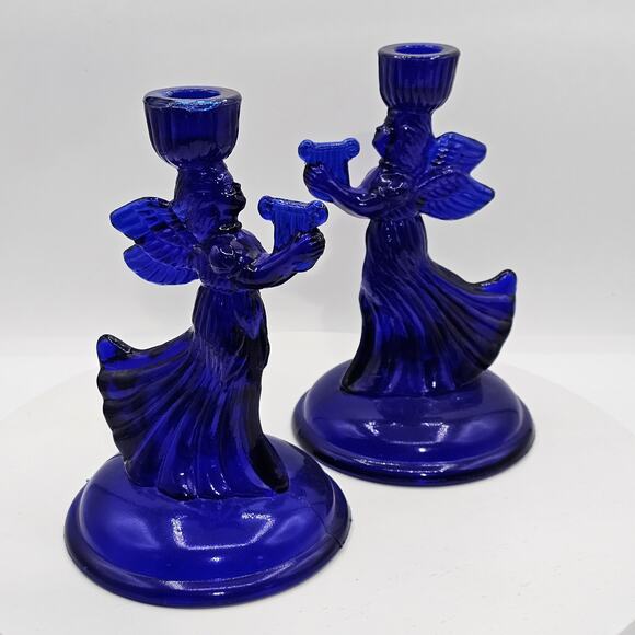 Vintage Cobalt Blue Glass Angel Candlestick Holders Musical Angel Harp Figurines - Picture 6 of 9
